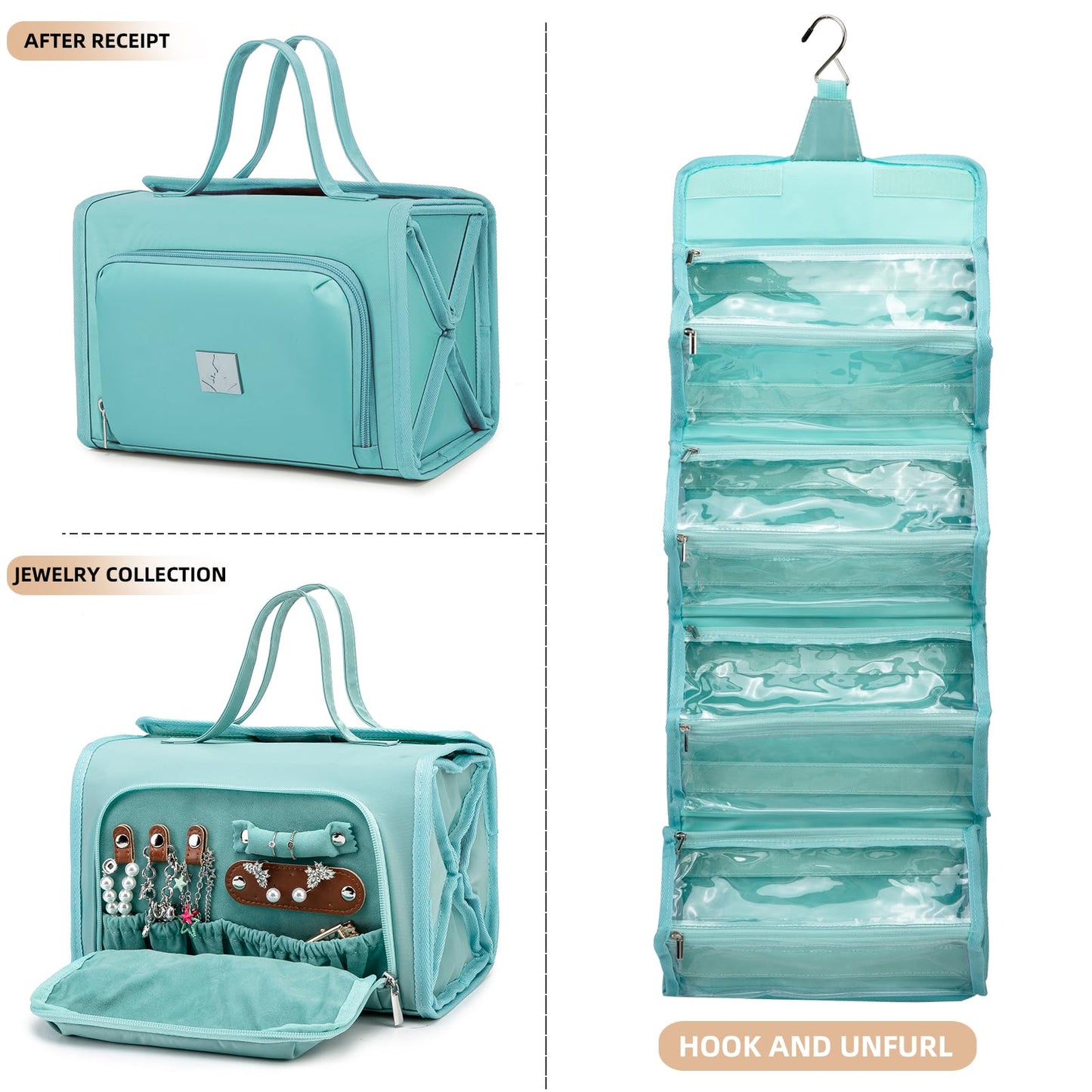 ROYALFAIR Roll Up Makeup Bag, Waterproof Toiletry Bag for Women, Hanging Travel Organizer with Jewelry Organizer Compartment, Extra Large 4 Clear TSA Approved (light blue)