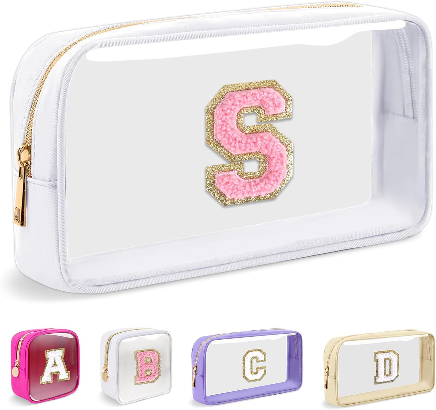 Personalized Initial Makeup Bag - Waterproof Nylon Cosmetic Pouch | A-Z Chenille Letter Patch, White-Pink G