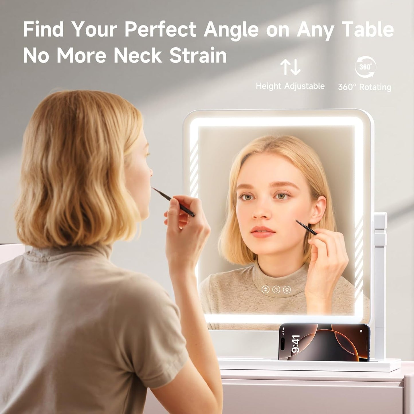 Makeup Mirror with Lights - Height-Adjustable 360° Rotation & Smart Touch Control | Large 17.5in White Vanity Mirror