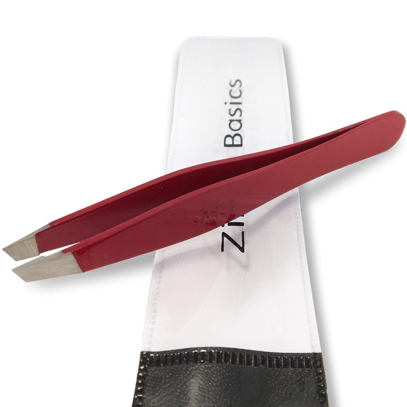 Tweezers – Surgical Grade Stainless Steel - Slant Tip for Expert Eyebrow Shaping and Facial Hair Removal – with Protective Pouch - Best Tweezer for Men and Women (Ruby Red)