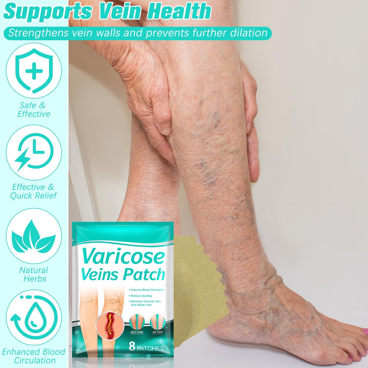 Varicose Veins Treatment Patches - Natural Ingredients for All Skin Types | 16 Patches