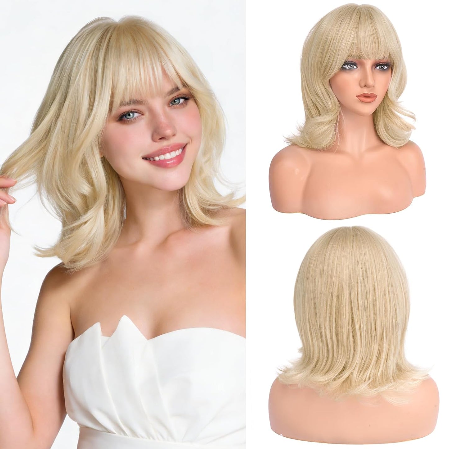 Blonde Short Bob Wig with Bangs - Wavy Layered Synthetic Hair | 14 Inch Dirty Blonde for Women