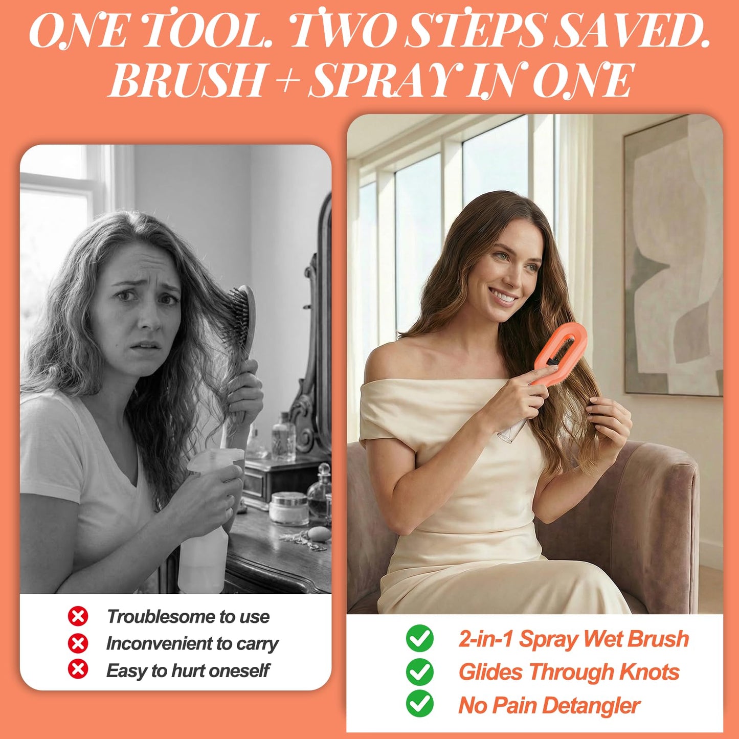 Anti-Frizz Hair Brush with Water Spray, Fine Mist Detangling Brush for Dry, Thick & Damaged Hair, 2-in-1 Wet & Dry Styling Brush with Built-In Water Reservoir(1, Orange)