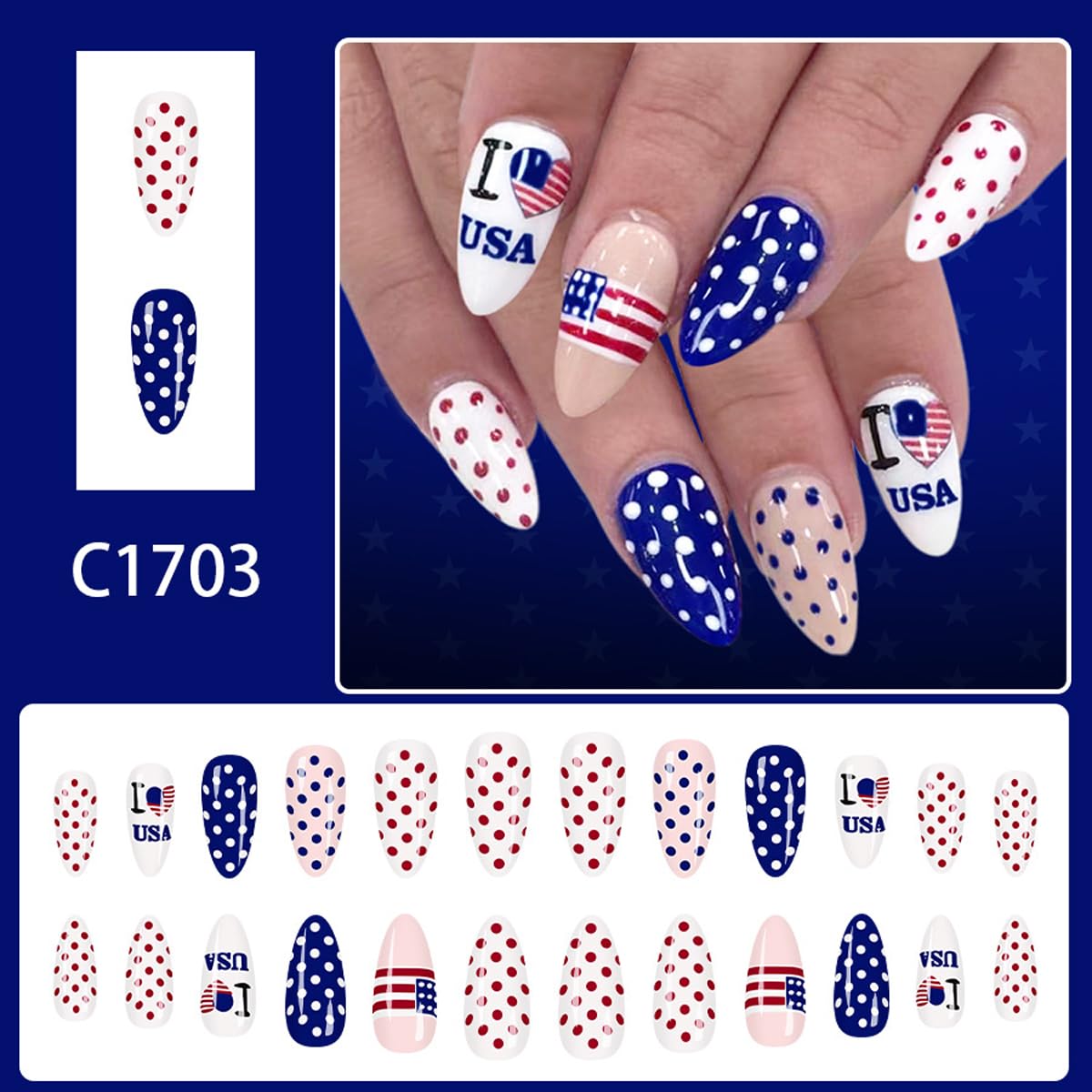 4th of July Press on Nails Polka Dot Fake Nails Medium Almond False Nails with American Flag & Heart Designs Red White Blue Patriotic Nail Reusable Full Cover Glue on Nails for Women Kit 24Pcs