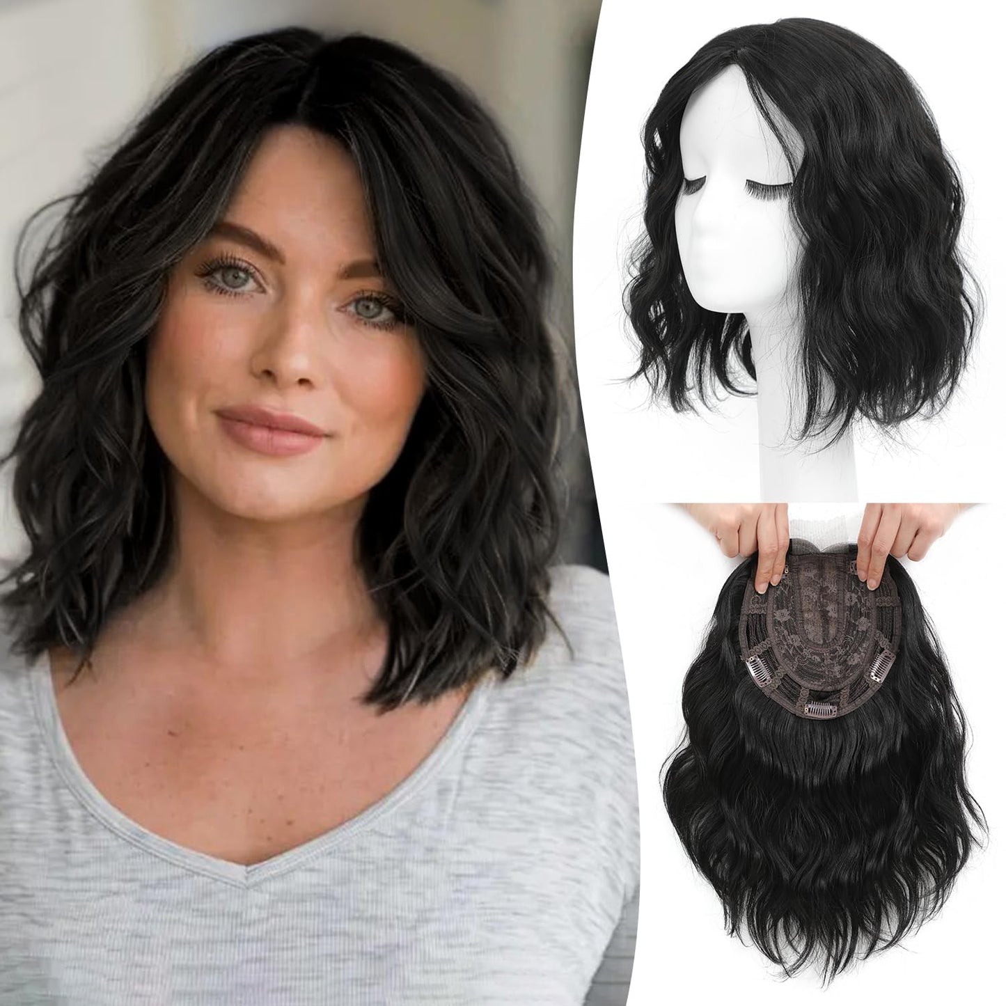 Short Wavy Hair Topper for Women - 11 Inch Natural Synthetic Hairpiece, Lightweight & Breathable | Dark Brown, 6.5"x6.5" Base