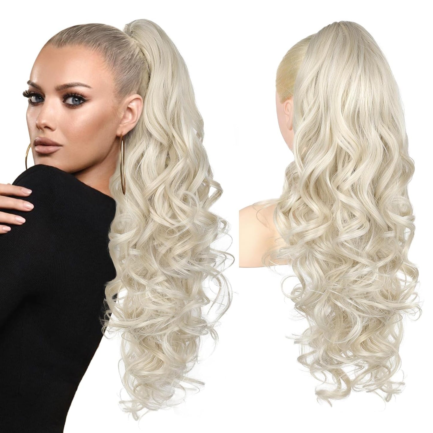 Ponytail Extension - 24" Claw Clip In Long Curly Wavy Hairpiece | Medium Blonde with Highlights