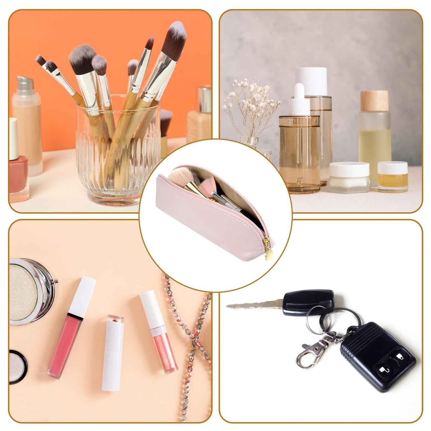 Prasacco Leather Makeup Brush Bag With Zipper, Portable Travel Cosmetic Organizer Case, Compact Toiletry Pouch For Daily Work Essentials