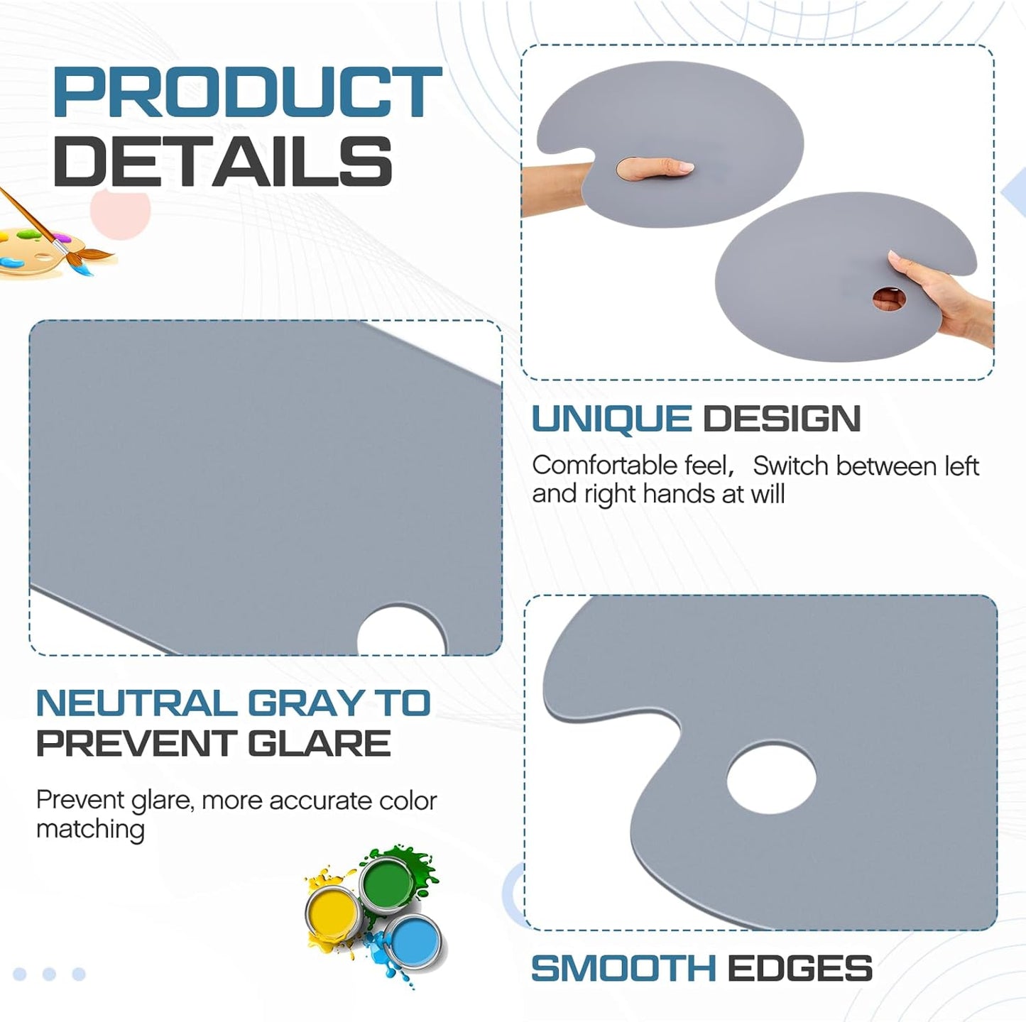 Acrylic Paint Palette - 2 Pack 11.8 x 7.9 Inch Neutral Grey | Easy to Clean Non-Stick Artist Pallet for Oil & Watercolor