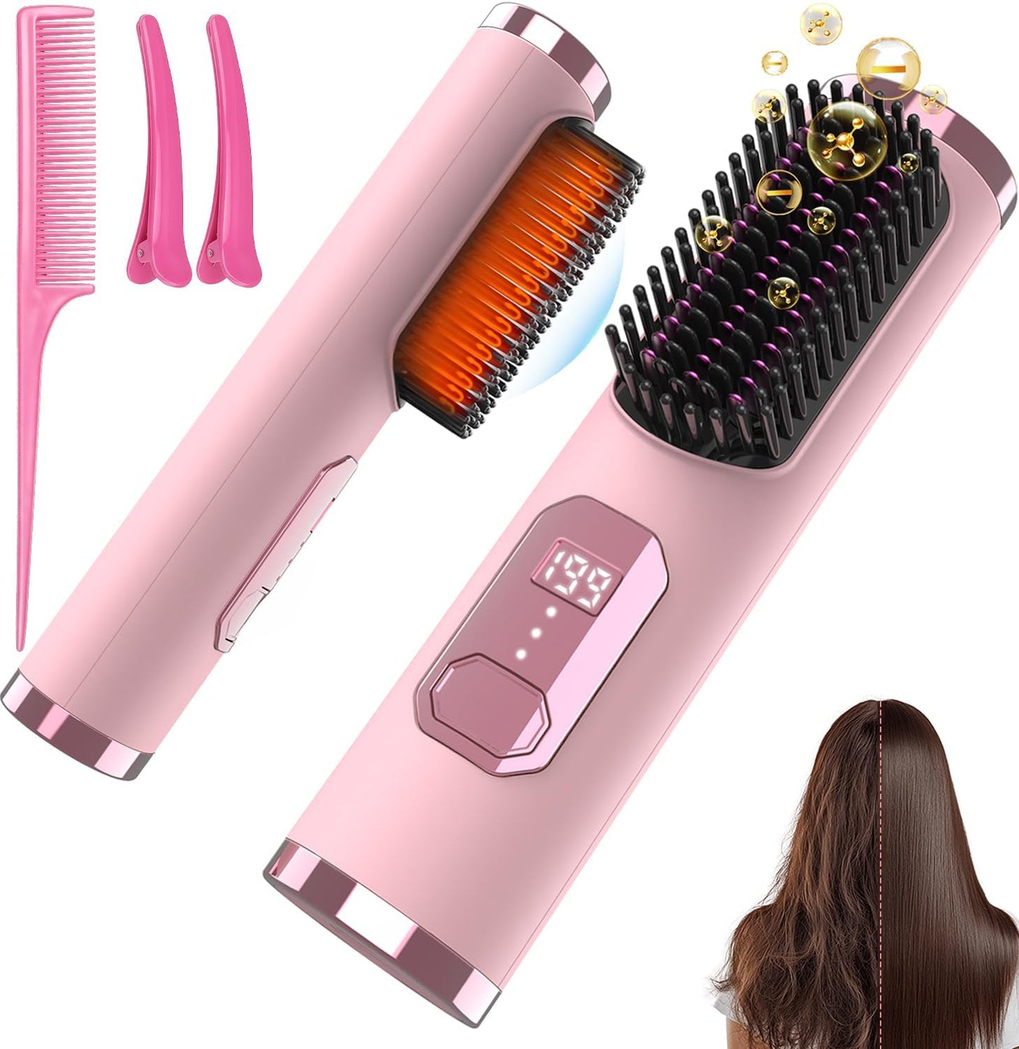 Cordless Hair Straightener Brush - Portable 4-in-1 Ionic Straightening Tool | Fast Heating, Anti-Scald, LED Display