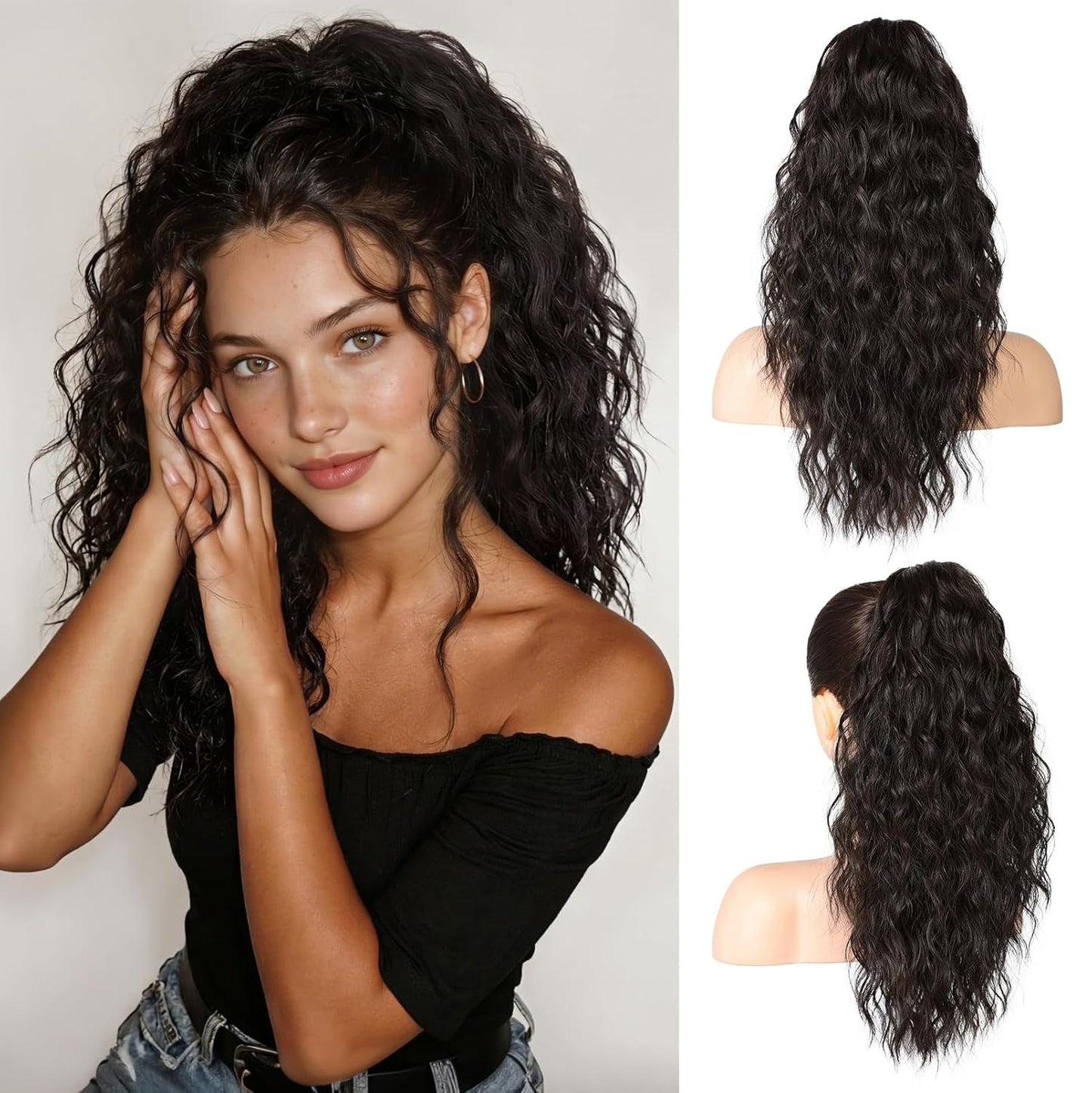 REECHO Ponytail Extension - 18 Inch Curly Claw Clip-In Hairpiece for Women | Natural Synthetic Hair - Black Brown