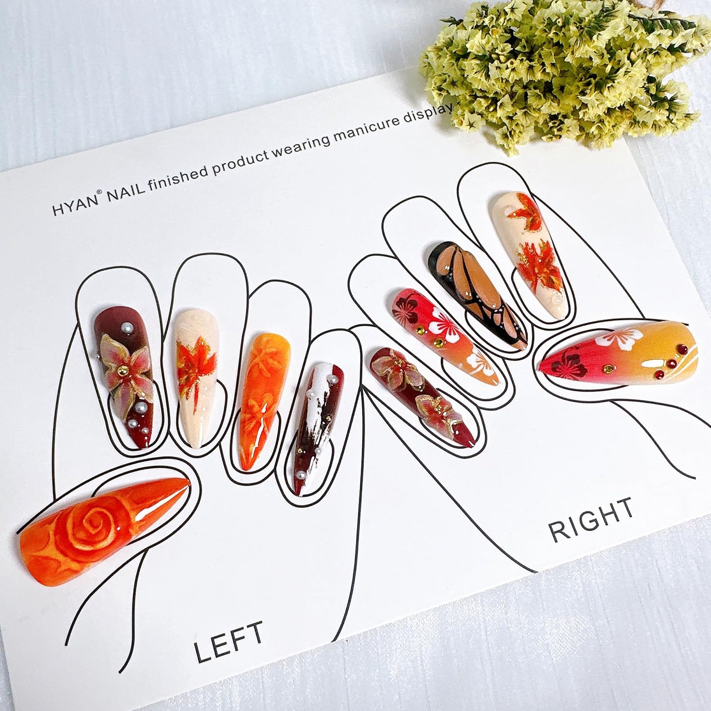 Fall Press-On Nails - 24 Pcs Long Stiletto Maple Leaf Design with Pearl Rhinestones | Thanksgiving Acrylic Nail Tips