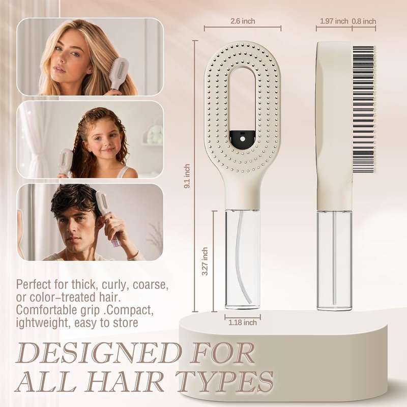 Thick & Long Hair Brush with Water Spray | 2-in-1 Detangling Tool for Curly Hair, Reduces Breakage & Frizz - Khaki