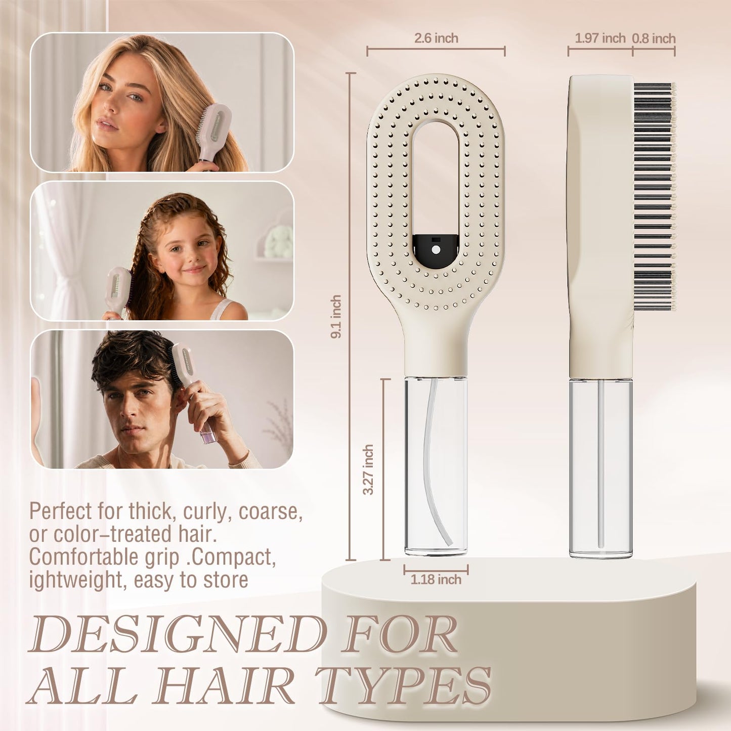 Beige Hair Brush with Water Spray, Premium Fine Mist Detangling Tool for Women, Wet & Dry Styling for Thick Long Hair, Elegant Everyday Hair Care Solution(1, Khaki)