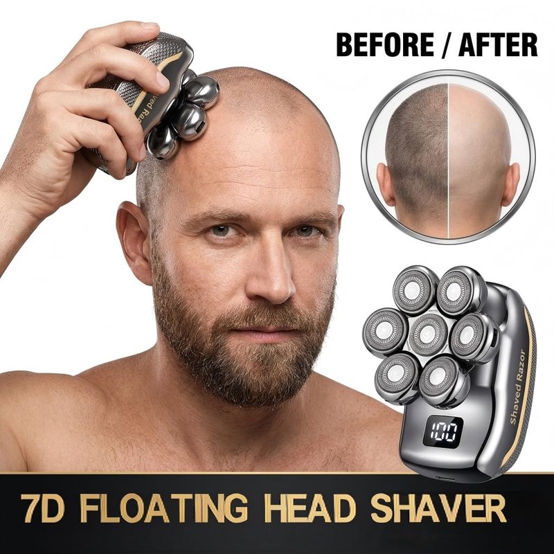Upgraded 7D Electric Head Shaver for Men: Waterproof Wet & Dry Razor with Detachable Heads, LED Display, Rechargeable Grooming Kit with Type-C Fast Charging