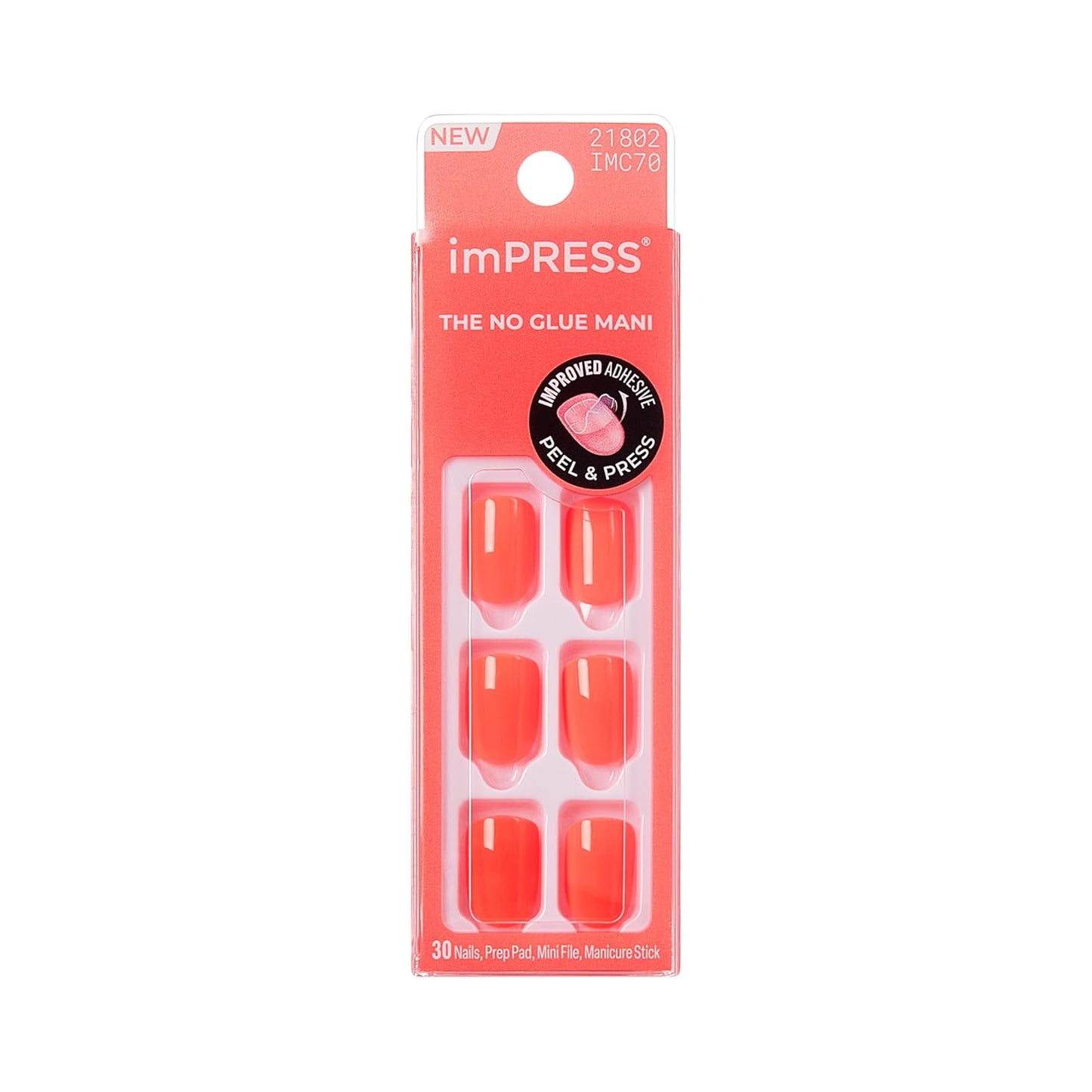 Impress No Glue Press On Nails - Happier Vibes Orange Squoval | Short Size, 30 Nails & Accessories Included