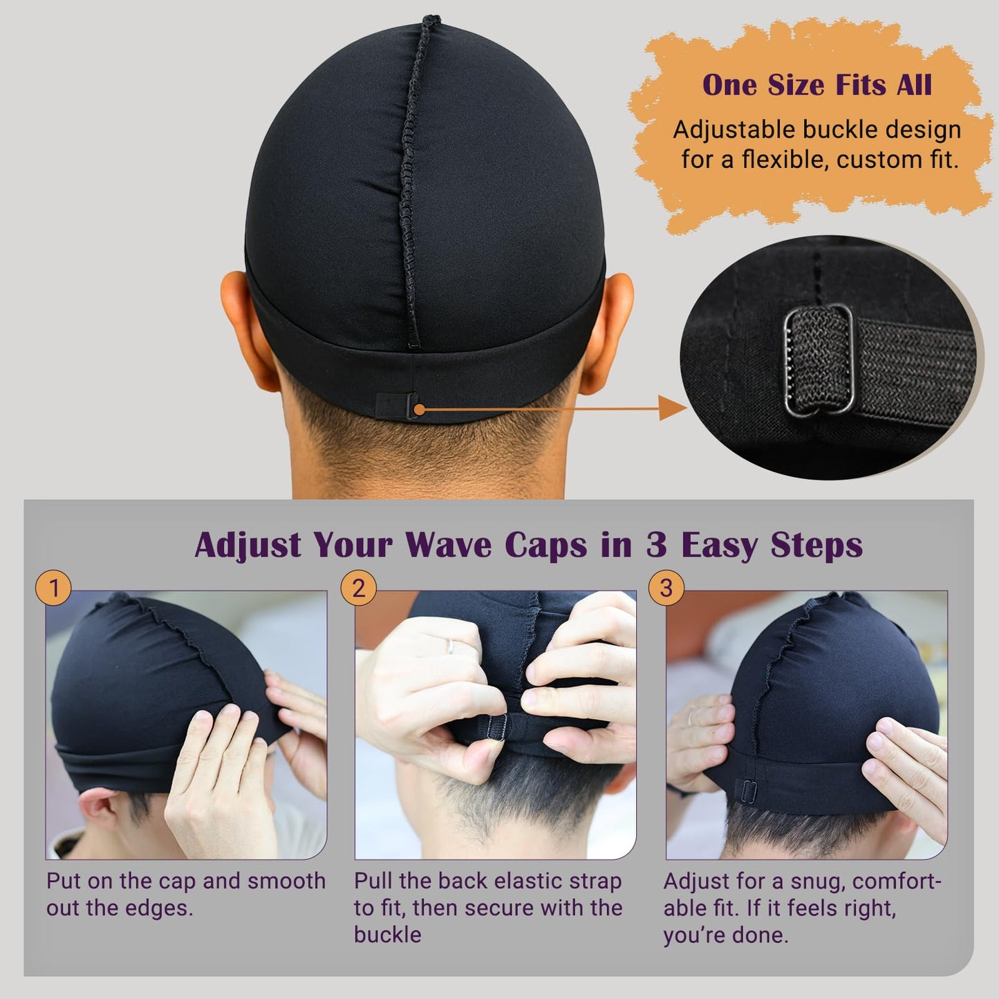 DURALA Adjustable Wave Caps for Men, Premium Elastic Stocking Cap for 360 540 720 Wave (Black+Black)