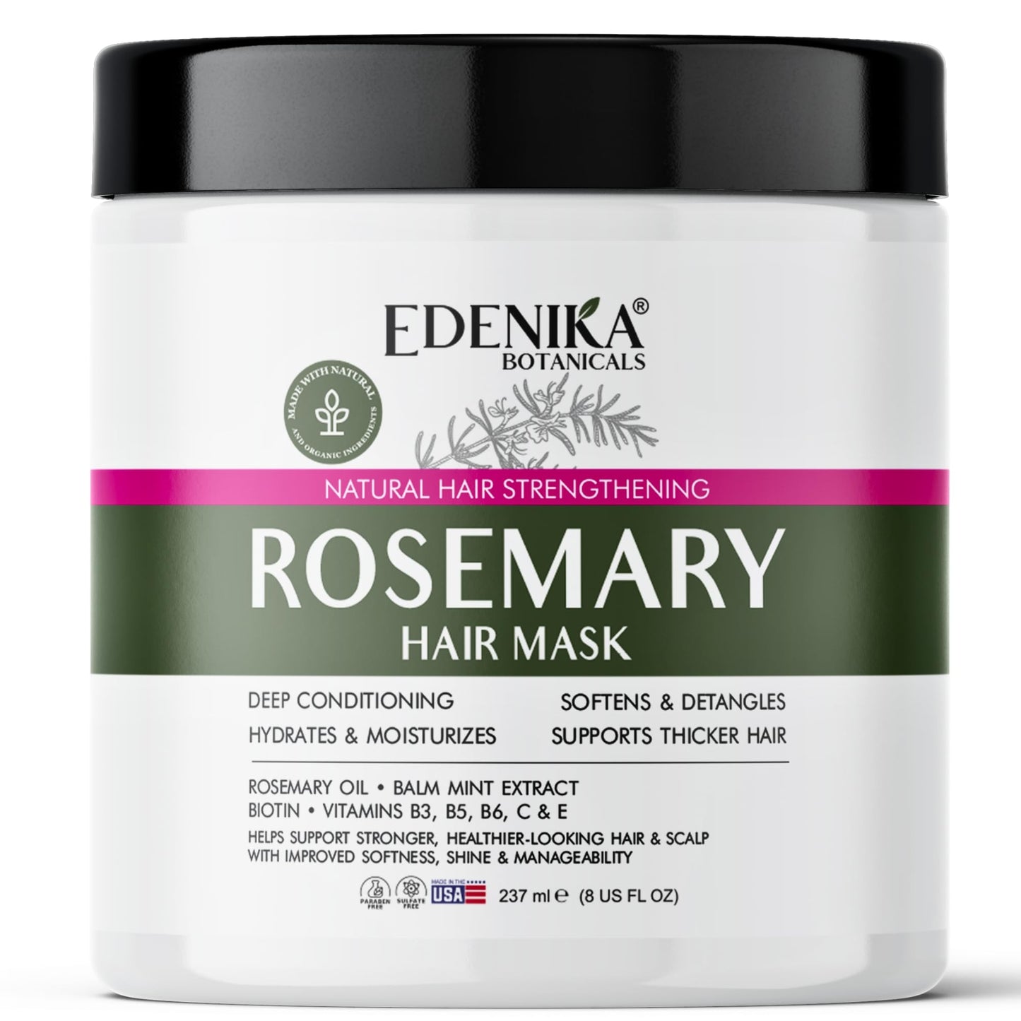 EDENIKA BOTANICALS Rosemary Hair Mask with Rosemary Oil & Biotin, Deep Conditioning Hair Treatment, Helps Strengthen Hair, Hydrates & Moisturizes, Supports Thicker-Looking Hair, Sulfate-Free
