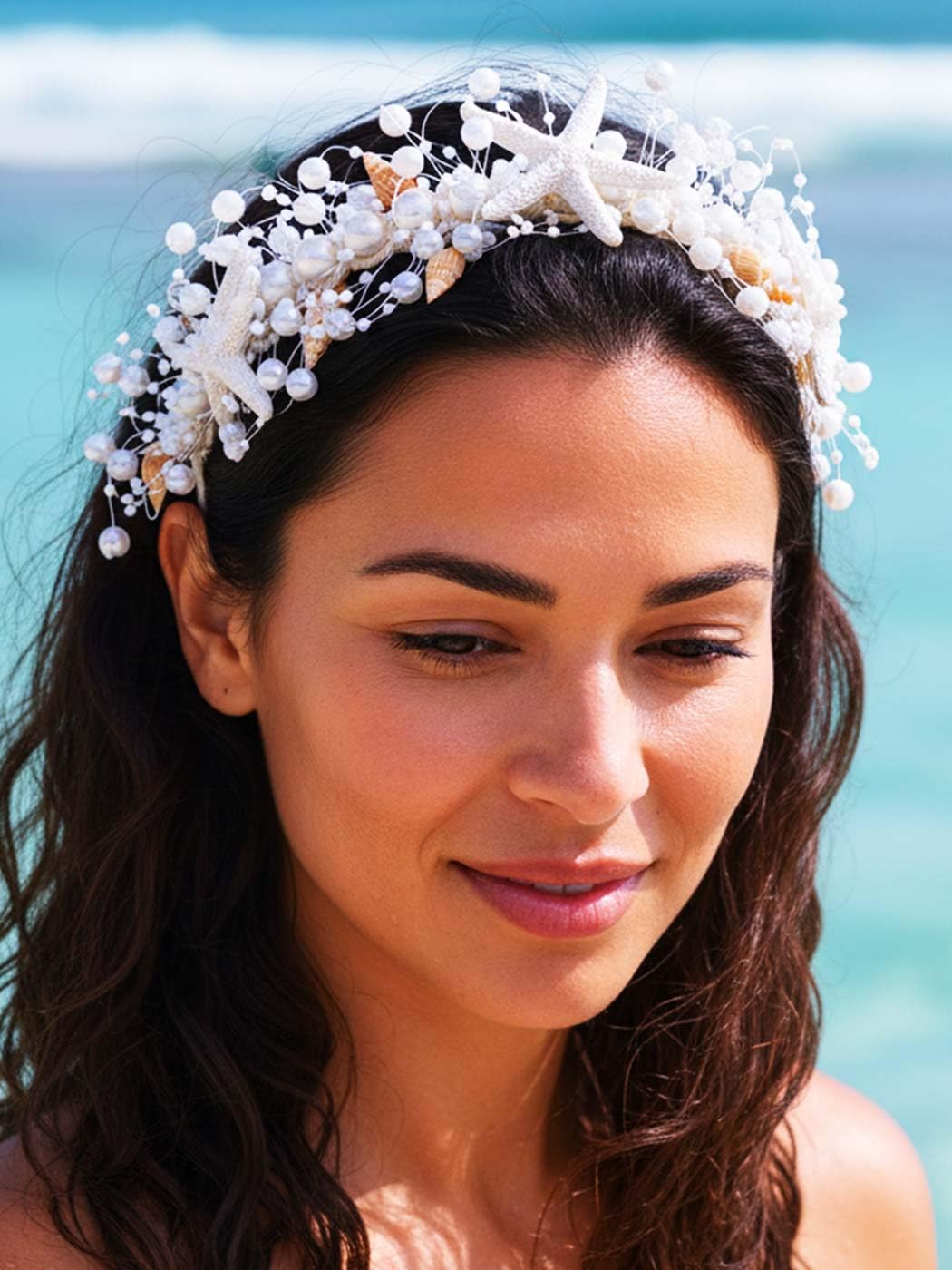 Catery Starfish Headband Pearl Hair Vine Headpiece Wedding Hair Accessories for Women (White)