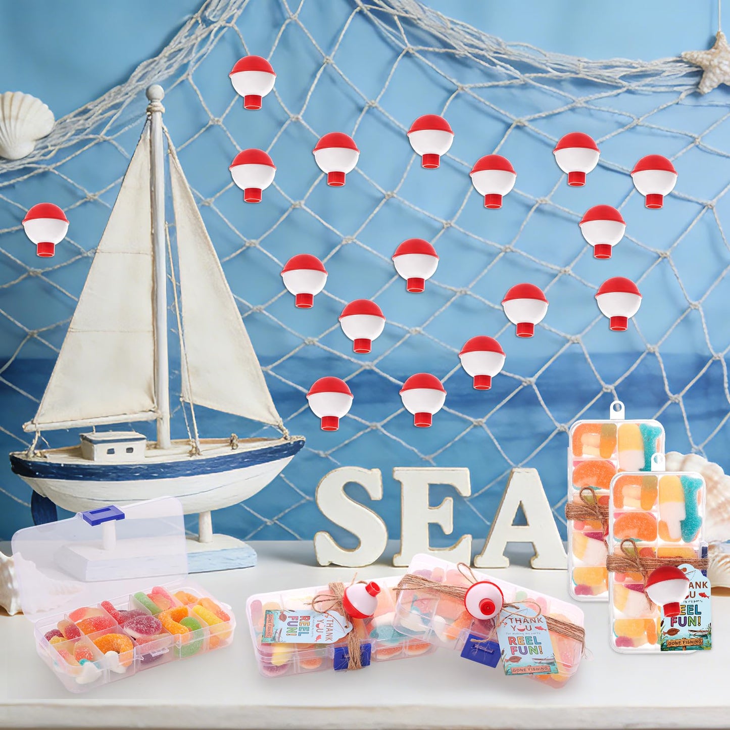 PLUVAVA 15 Pieces Fishing Party Favors Little Candy Tackle Boxes with Red White Floater Thank You Cards for Making Fishing Themed Birthday Party Decorations (15 PCS)