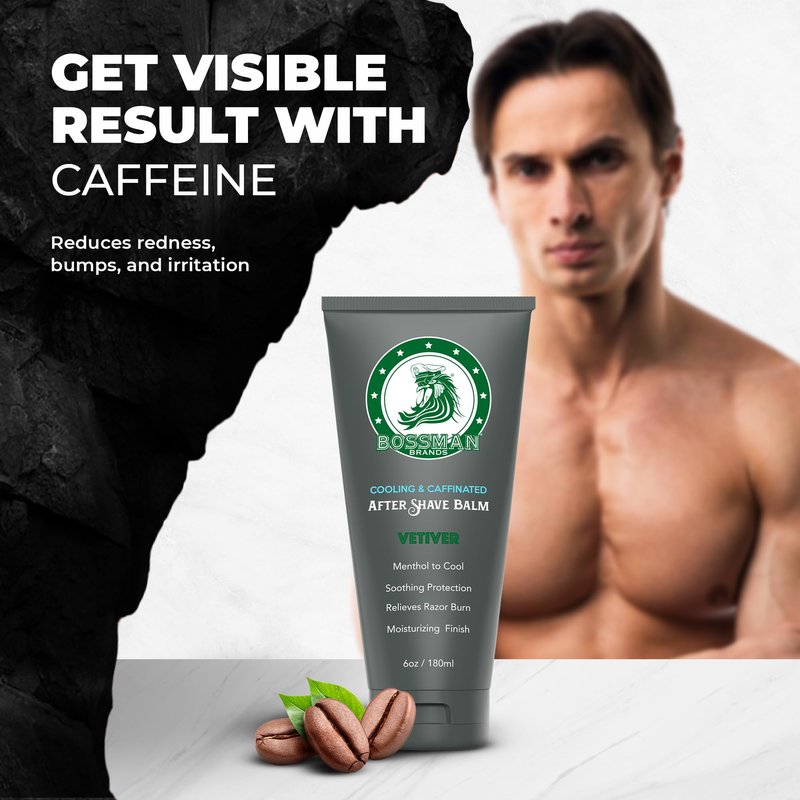 Bossman Cooling & Caffeinated After Shave Balm for Men – Soothes & Protects with Menthol, Caffeine & Tea Tree – Vetiver X Scent