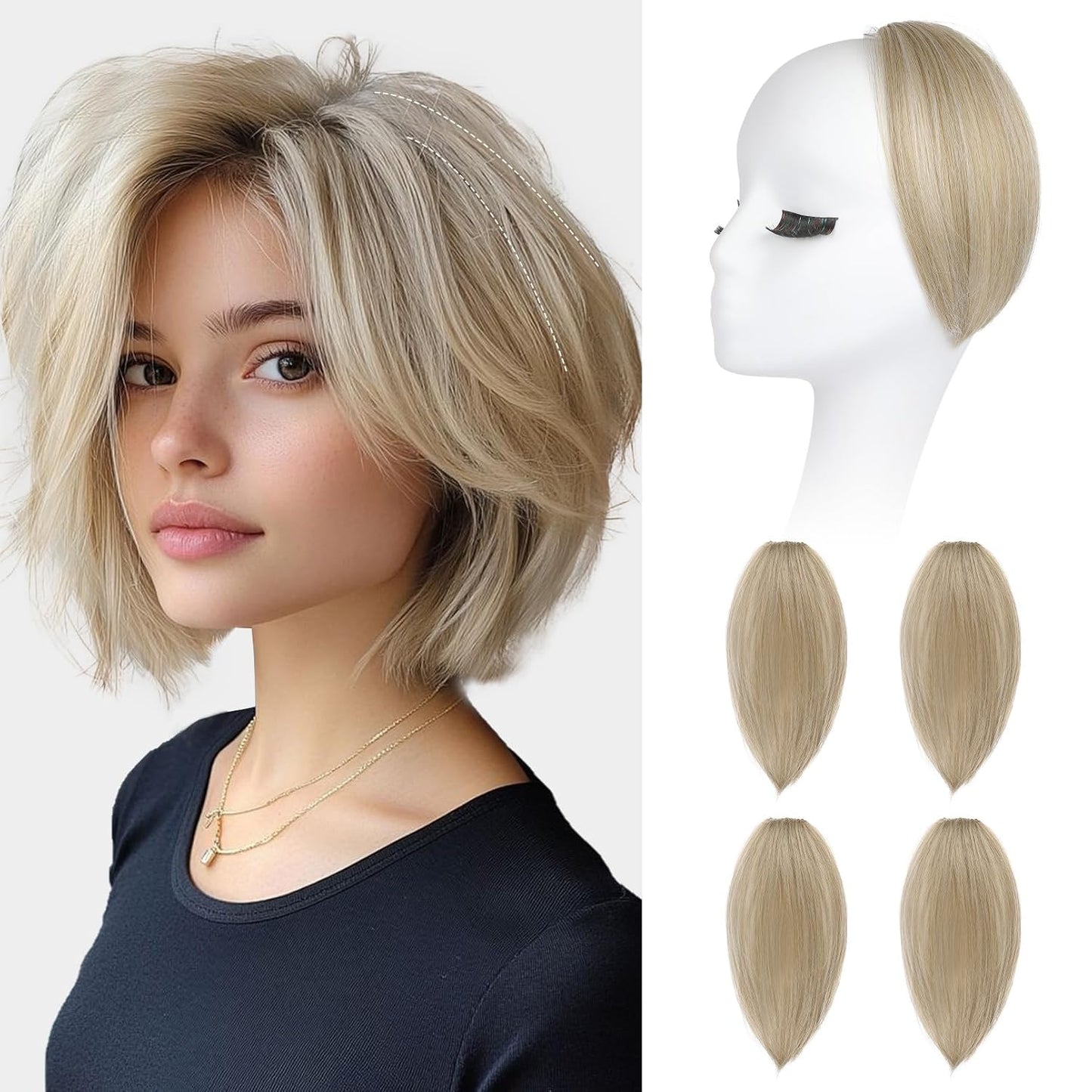 REECHO Clip In Hair Volumizer - Short Thick Hairpieces for Extra Volume | Light Brown with Blonde Highlights, 8 Inch (Pack of 2)