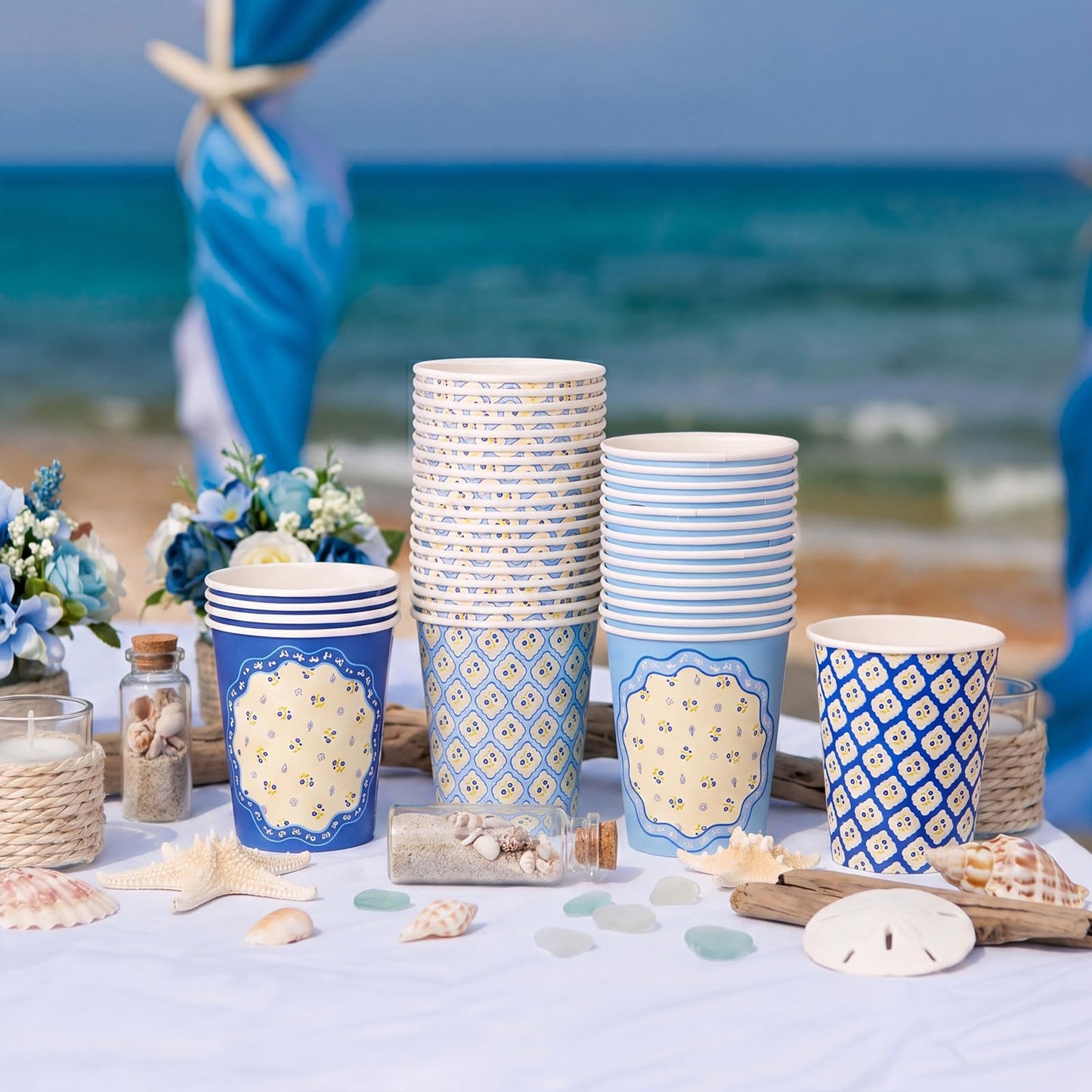 Ferrochef 100 Pcs Ocean Blue Coastal Paper Cups Bachelorette Party Decorations 9 oz Disposable Coffee Cup Coastal Wavy Floral Decorations Cups for Wedding Bridal Baby Shower Party Supplies