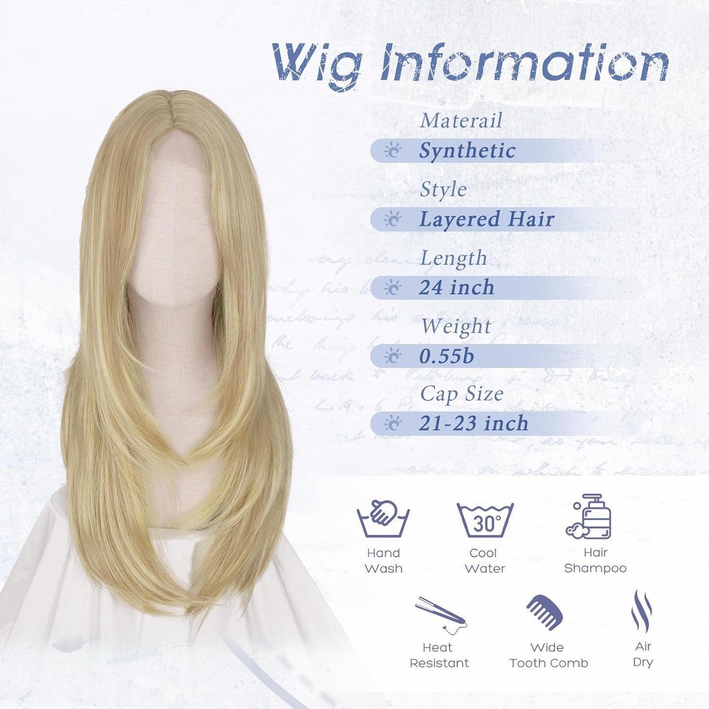 Blonde Wig with Curtain Bangs - Lace Front Synthetic Hair, 24 Inch Dirty Blonde | Natural Looking, Long Layered Style