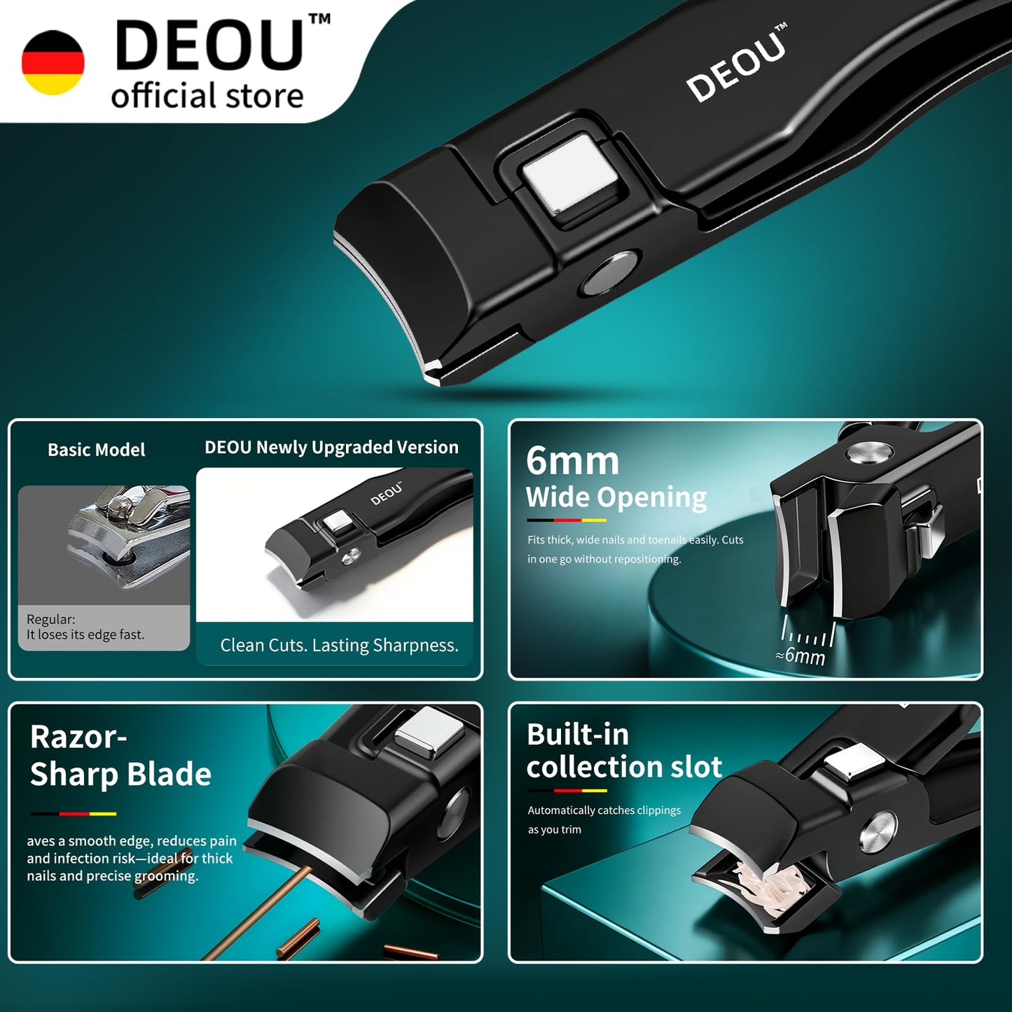 DEOU Nail Clippers Set, Stainless Steel Manicure Kit for Thick Hard Ingrown Nails, Anti-Splash with Nail File, Portable Keyhole Design, Gift Box for Home Travel (Black, Diagonal Cut + Straight Cut)