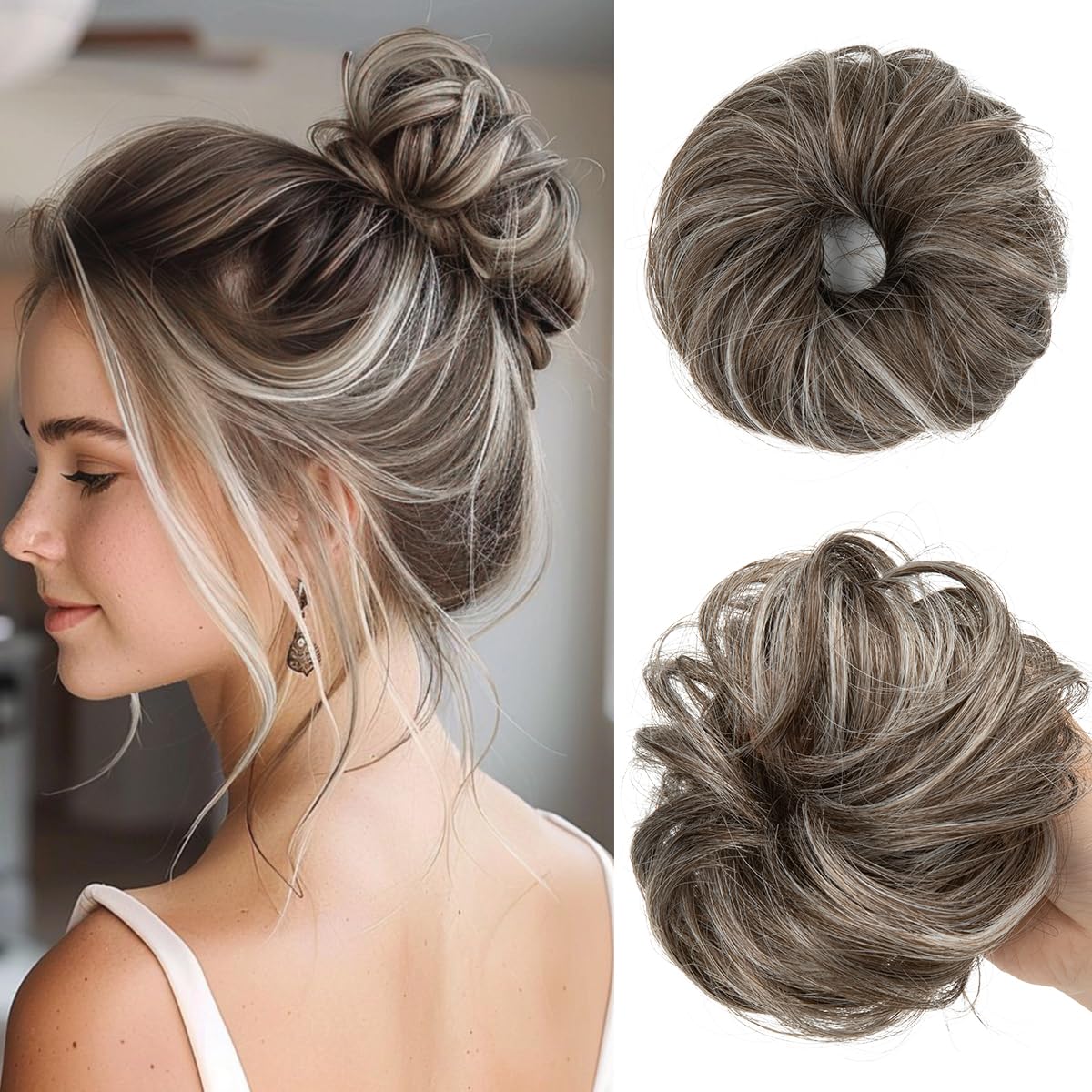CJL HAIR 2PCs Small Cute Messy Bun Hair Piece for Thin Hair Women Mini Synthetic Curly Bun Scrunchies Updo Hairpieces for H32