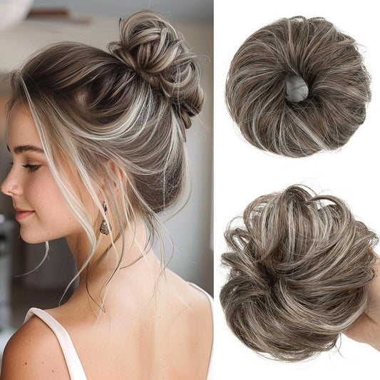 CJL HAIR 2PCs Small Cute Messy Bun Hair Piece for Thin Hair Women Mini Synthetic Curly Bun Scrunchies Updo Hairpieces for H32