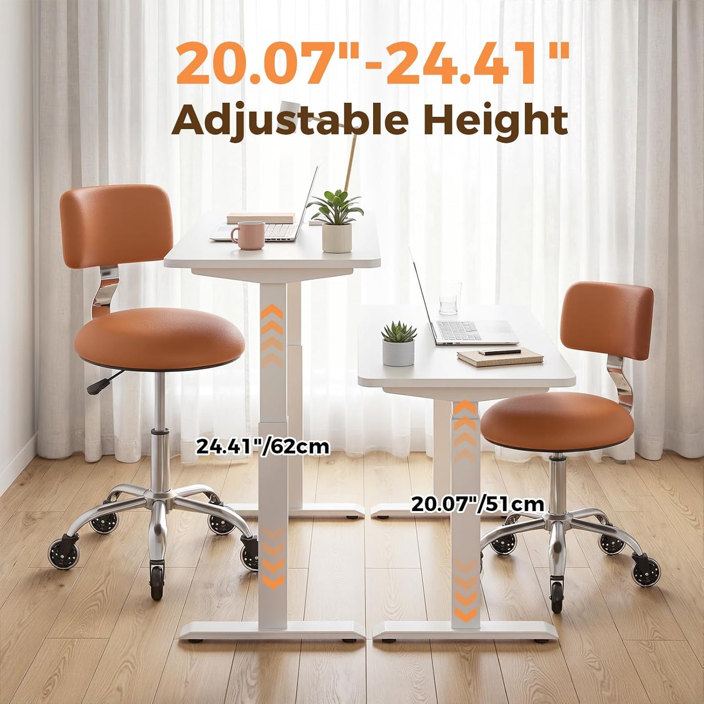 Rolling Stool Chair - Height Adjustable Office Drafting Chair with Back Support | PU Leather Cushion, Camel Color