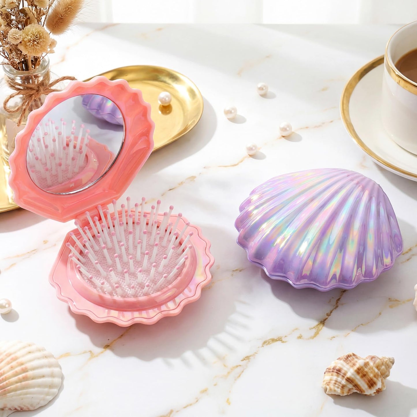 Heliltd 2 Pack Folding Hair Brush with Mirror, Iridescent Travel Hair Brush for Purse, Mini Portable Cushion Detangling Pocket Hairbrush for Women Girls, Shell Compact Mirror Brush (2, Pink Purple)