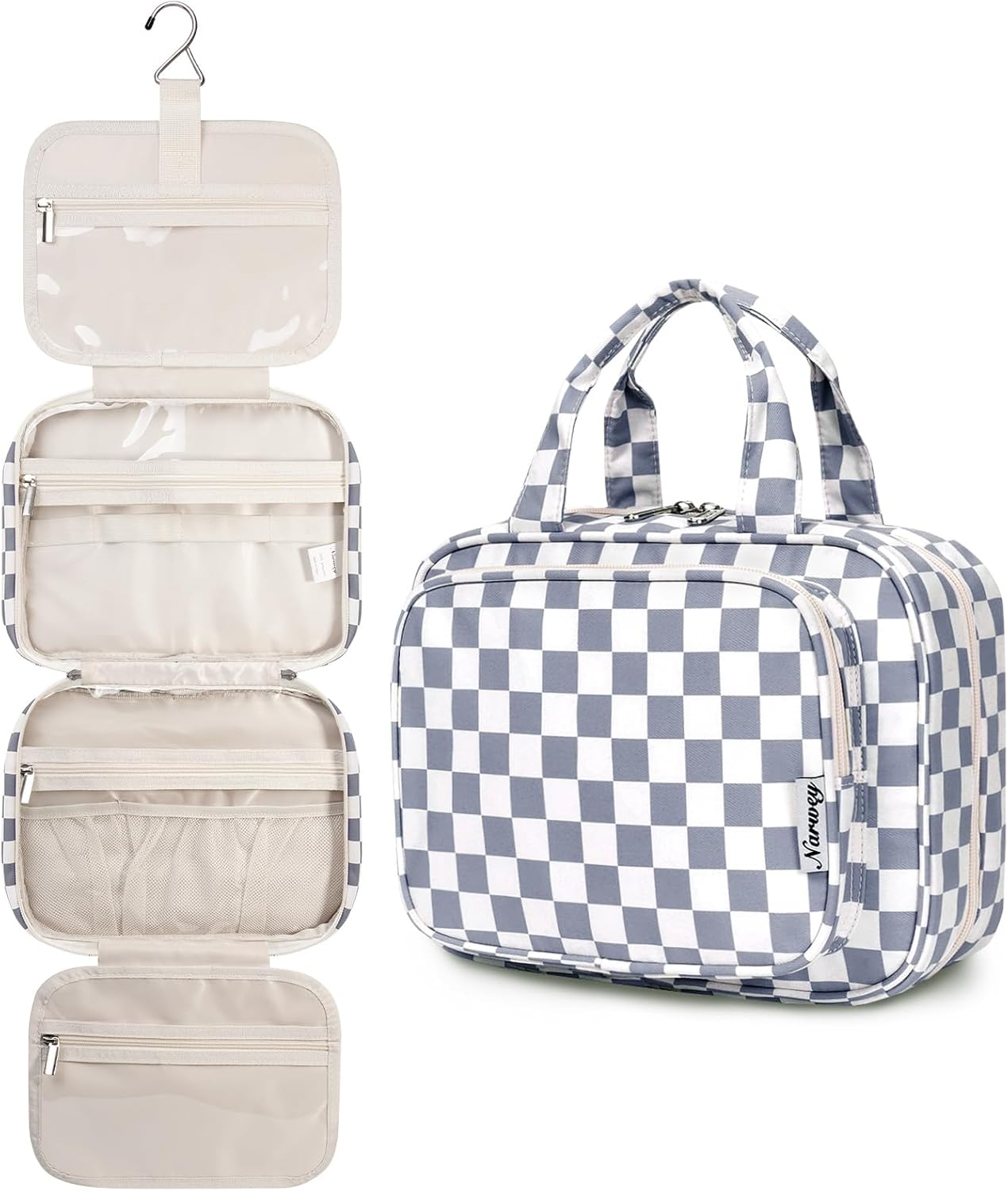 Hanging Toiletry Bag for Women - Travel Makeup Organizer with Light Checkerboard Design | Medium Size