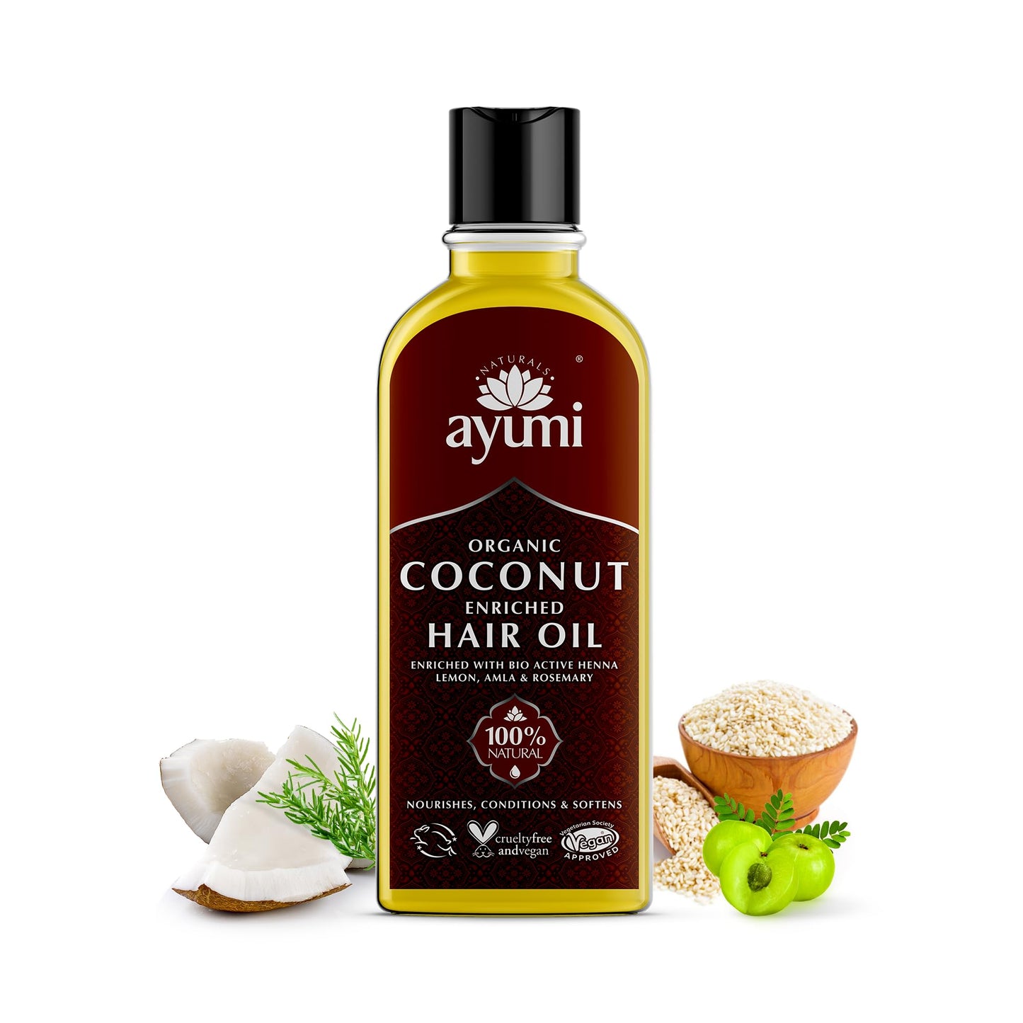 Ayumi Organic Coconut Enriched Hair Oil | Rosemary, Amla & Lemon | Enhanced With Nourishing & Strenghtening Extracts | Rich in Omega 6 For Circulation & Hair Growth | 5.1 Fl Oz