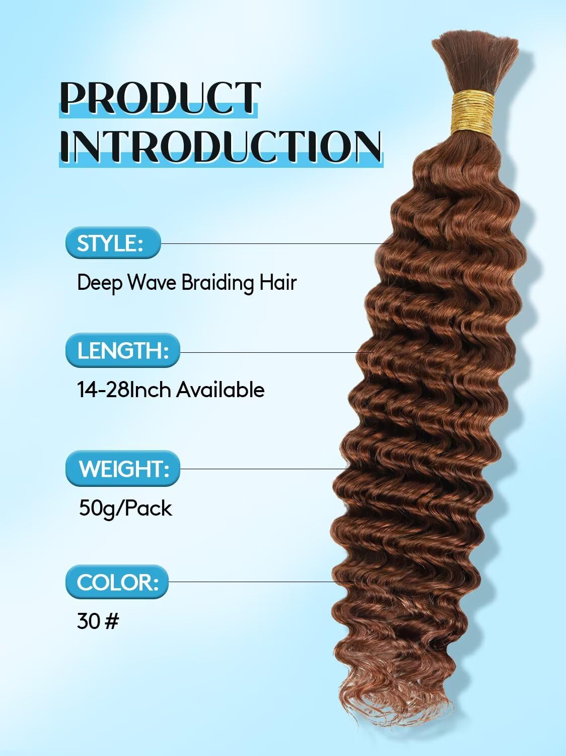 Unprocessed Human Hair for Braiding - #30 Auburn Pre-Separated Curly Bulk Hair | 14 Inch, 50g, 12A Grade Extensions