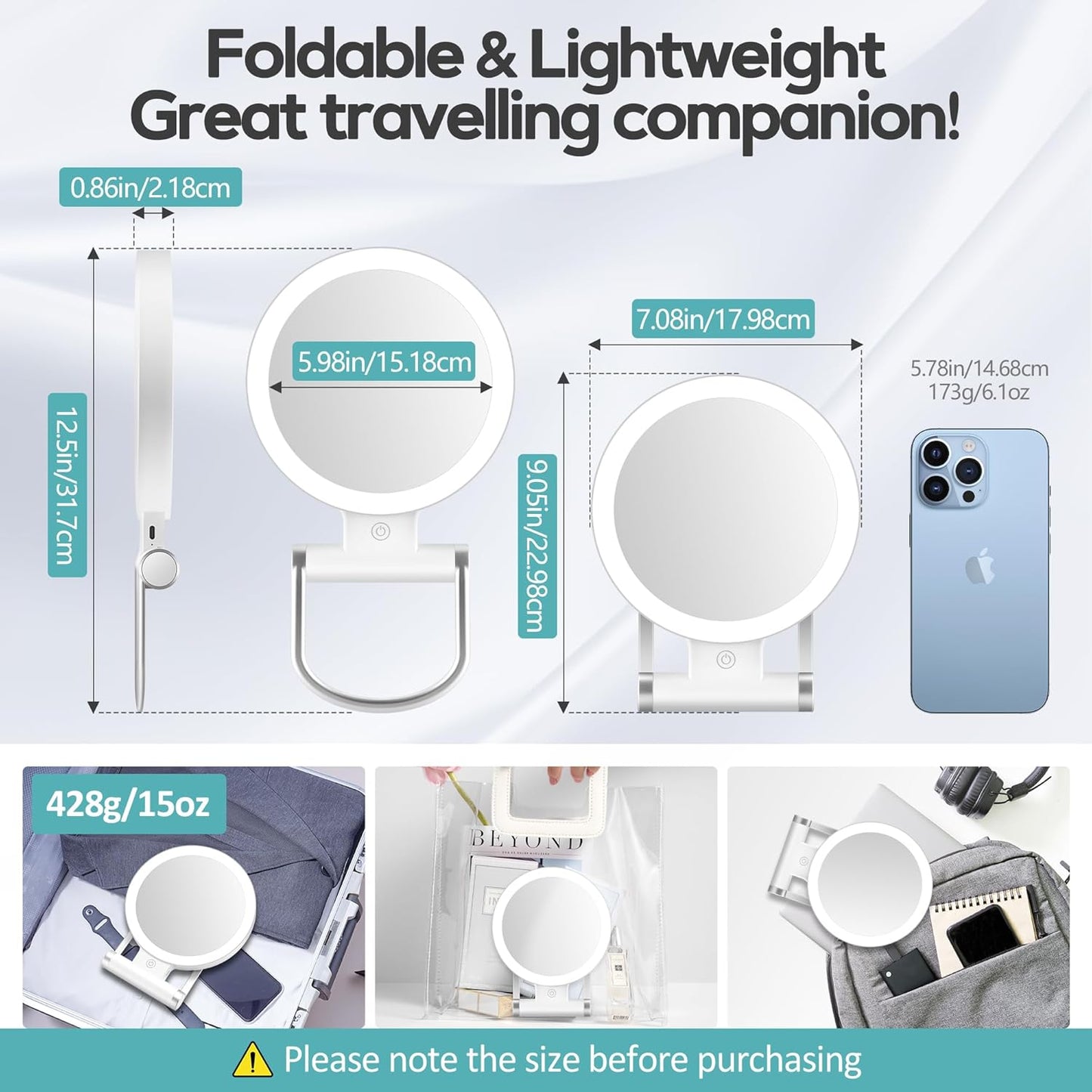 Magnifying Makeup Mirror with Light - 30X Double-Sided, 3 Color Modes | Foldable Travel Design (9" L x 7" W)
