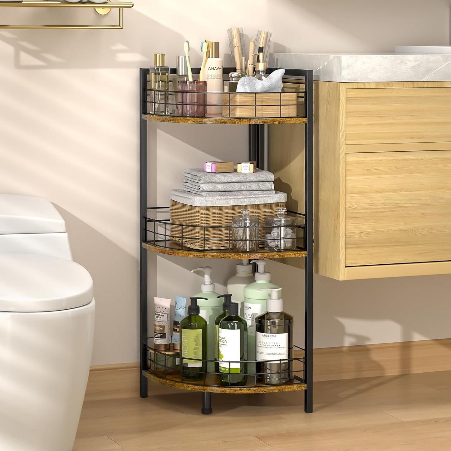 Bathroom Corner Shelf - 3 Tier Free-Standing Storage Unit for Small Spaces | Triangular Curved Design
