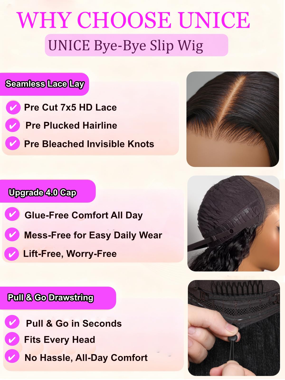 UNICE 7X5 Lace Part Bob Wig Human Hair Bye Bye Slip Glueless Wig with Silicone Strips & Drawstring Yaki Straight Layered Cut with Face Framing Layers 180% Density Bleached Knots Pre Plucked 10inch
