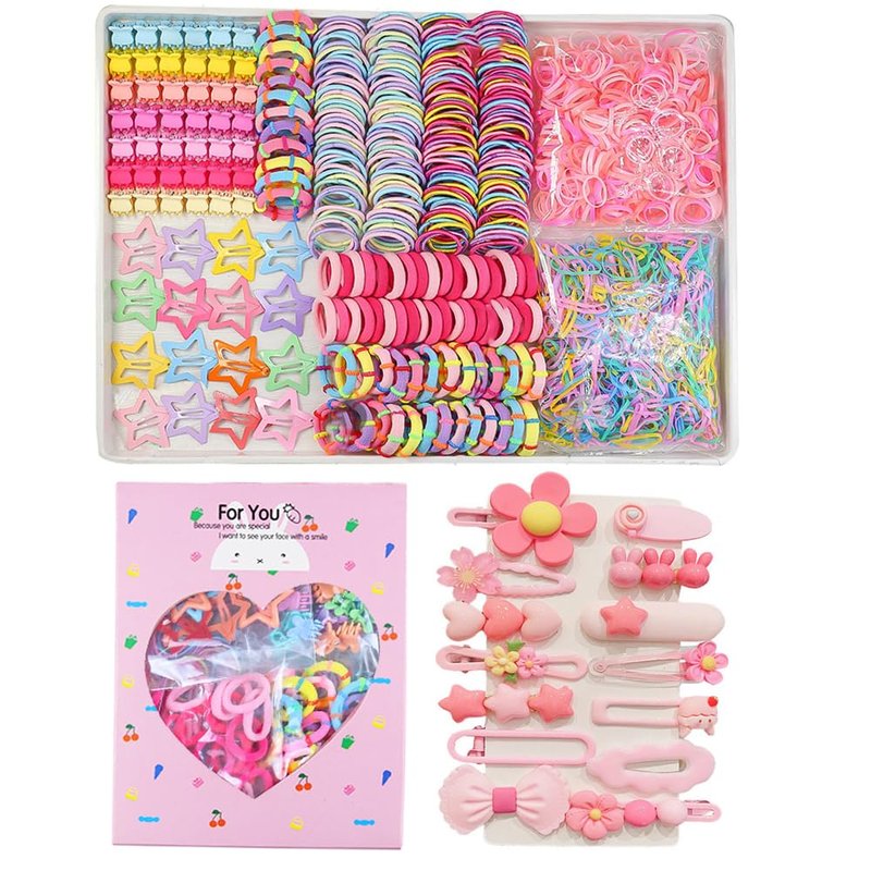 Elastic Hair Ties for Girls - 889 Pcs Colorful Rubber Bands Set with 14 Cute Hair Clips | Ponytail Holders
