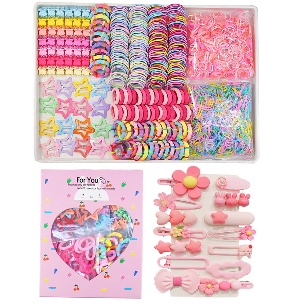 Elastic Hair Ties for Girls - 889 Pcs Colorful Rubber Bands Set with 14 Cute Hair Clips