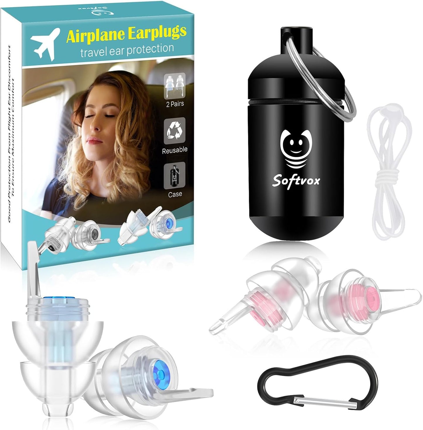 Airplane Ear Plugs - Pressure Relief Earplugs for Travel | Reusable Soft Earbuds, 25dB Noise Reduction, 2 Pairs
