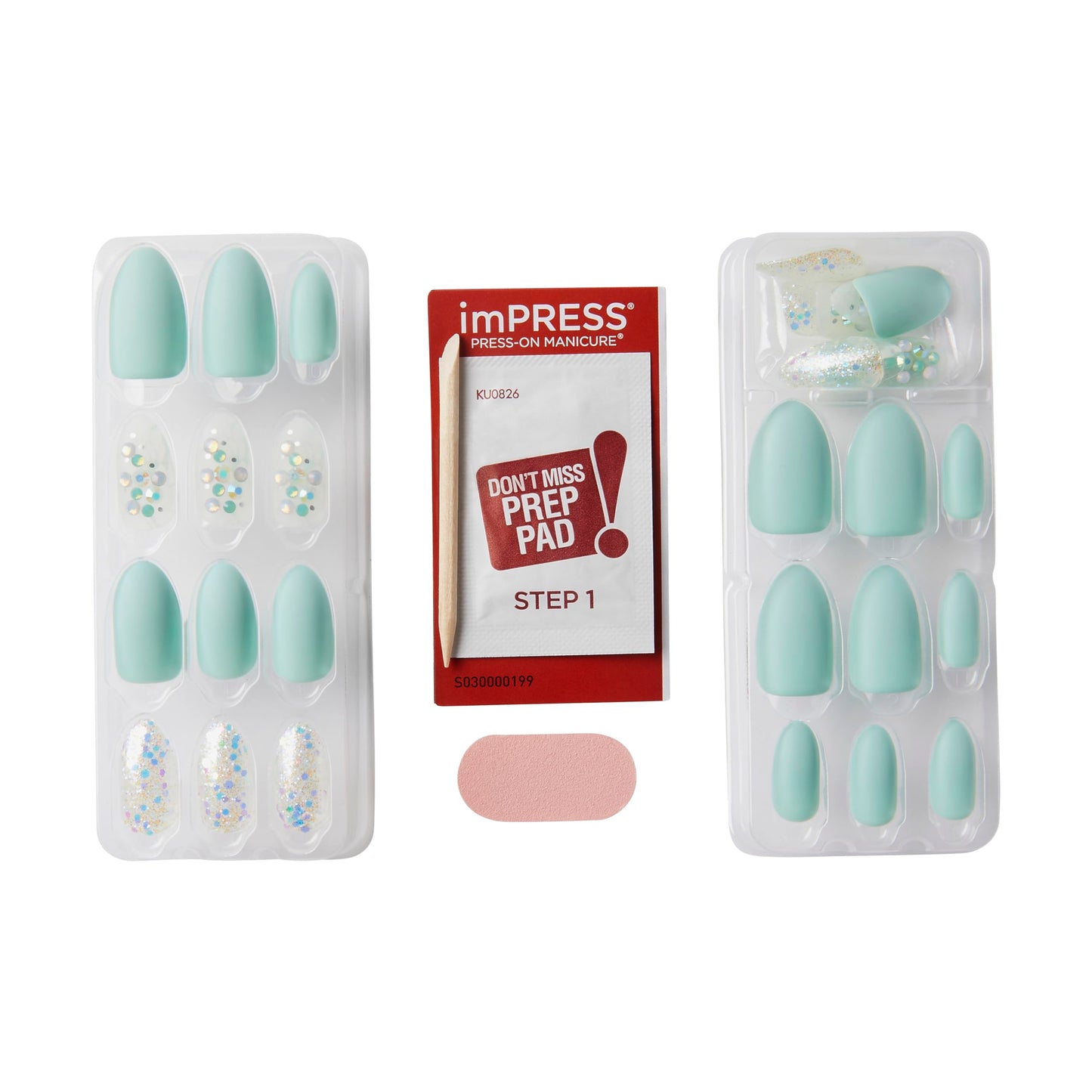 KISS Impress Press-On Manicure Fake Nails, Evergreen - Medium Length, Almond Shape, Polish-Free Mint Green with Glitter Design Mani, Includes Prep Pad, Mini File, Manicure Stick, and 30 Fake Nails