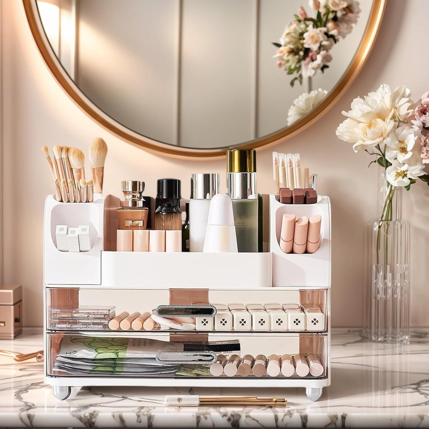 Makeup Organizer - 2 Drawer Cosmetic Display Case for Vanity & Bathroom | Cream Color Storage Holder