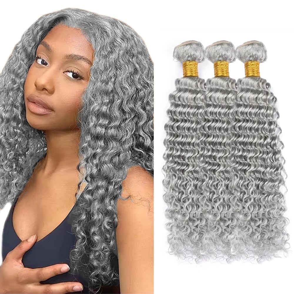 Grey Deep Wave Human Hair Bundles Deep Wave Hair 3 Bundles Human Hair 300g Grey Color Brazilian Virgin Human Hair Extensions Unprocessed Hair Bundles for Women 16 18 20 Inch