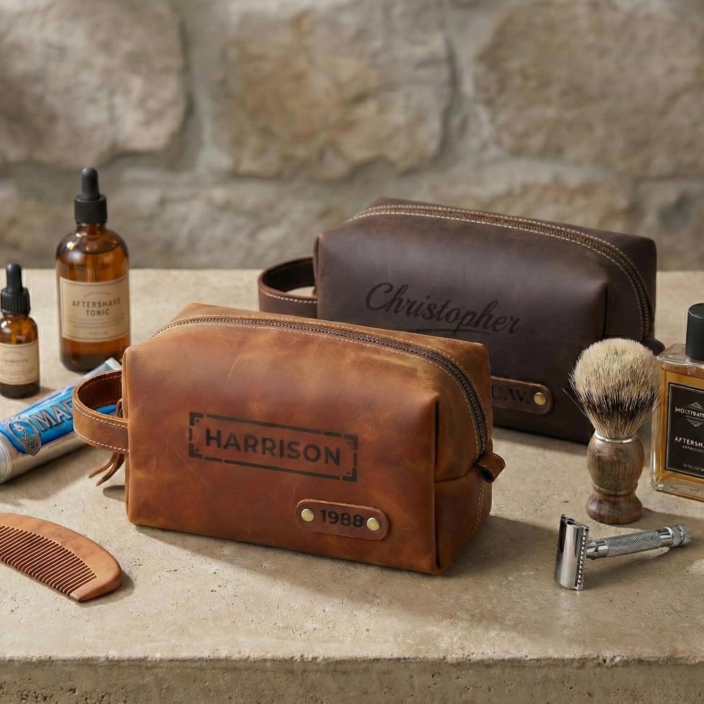 Personalized Toiletry Bag - Genuine Leather Dopp Kit with Custom Engraving | Travel Shaving Bag Gift for Men