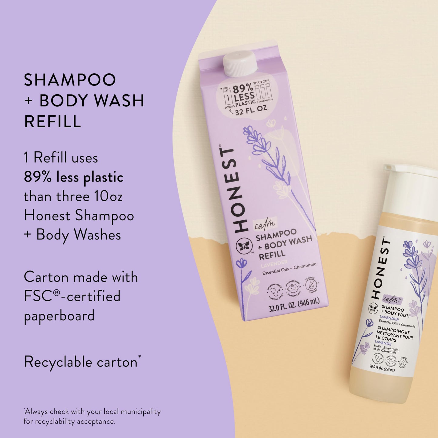 The Honest Company 2-in-1 Cleansing Shampoo Body Wash Refill Carton Gentle for Baby, Naturally Derived, Tear-free, Hypoallergenic, Lavender Calm, 32 fl oz