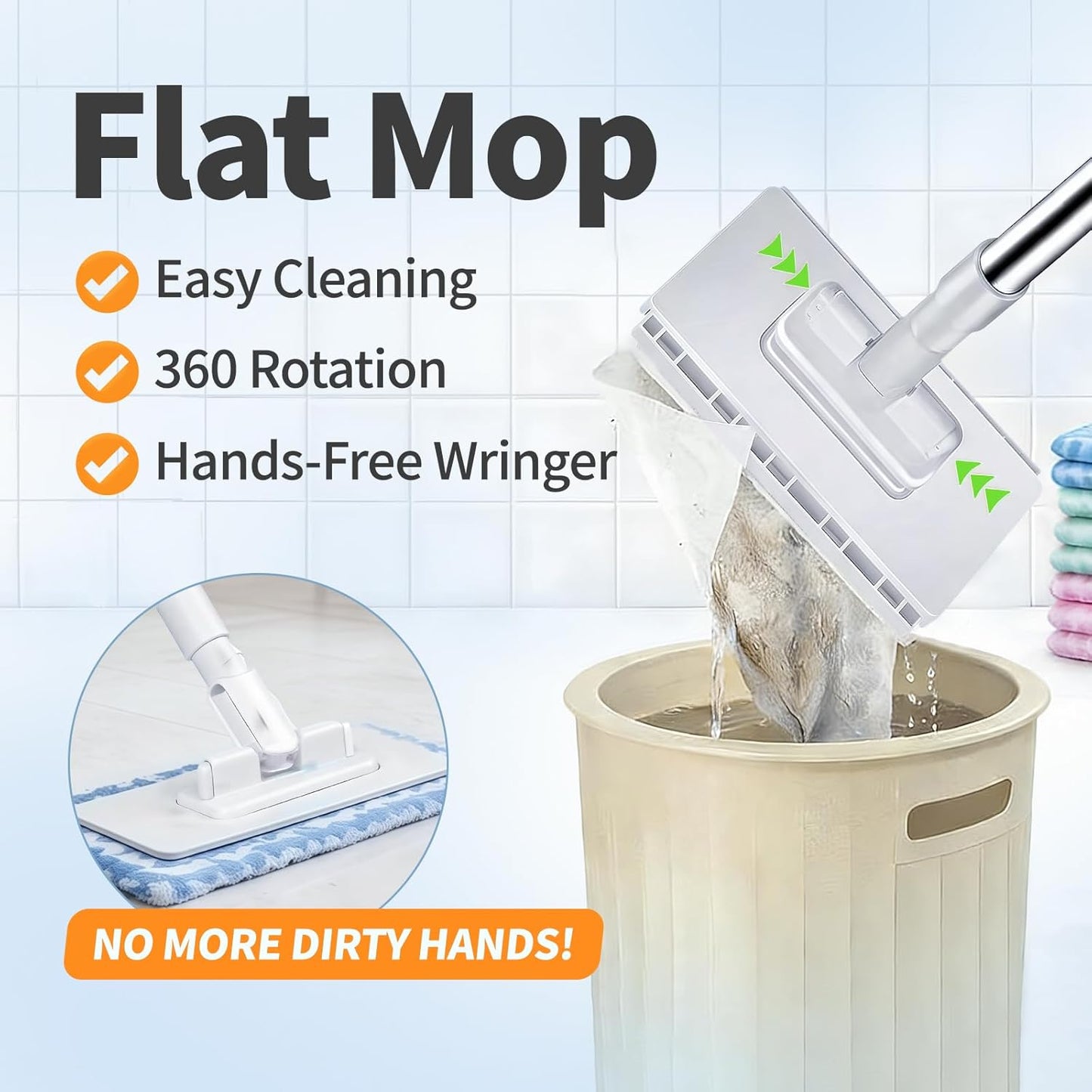 Hands-Free Flat Mop - Automatic Gripping & Self-Squeeze | Easy Cleaning Set with 5 Reusable Cloths