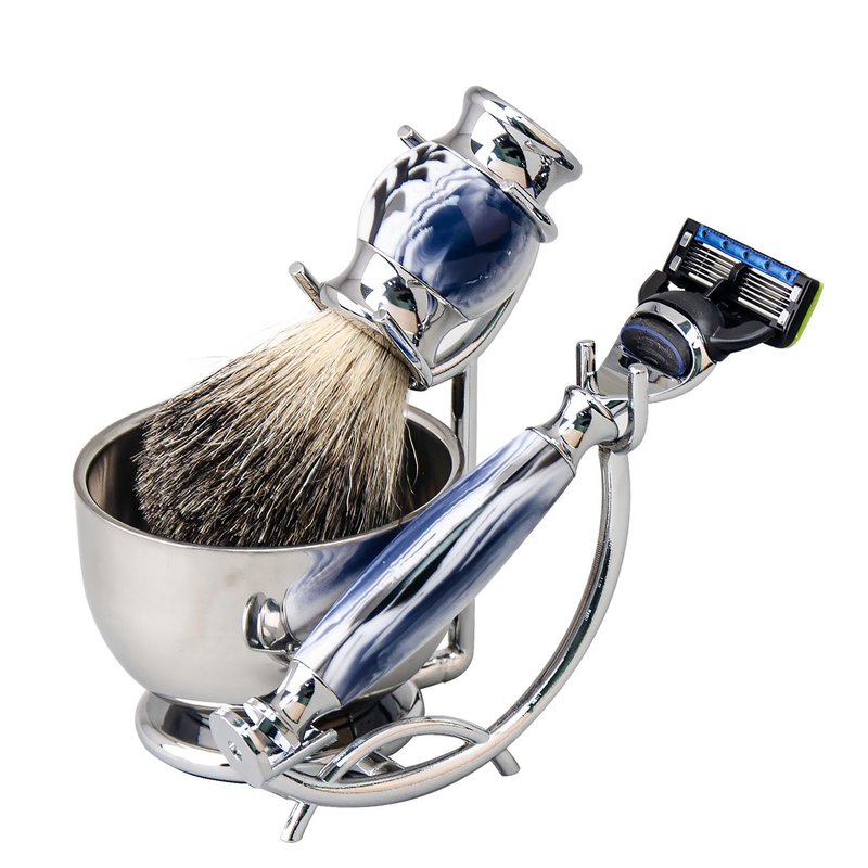 Grandslam Deluxe Shaving Kit for Men, 4 in 1 Shaving Set Includes 6 Blade Razor, Shaving Brush, Stainless Steel Shaving Bowl and Razor & Brush Holder, 1 Razor Handle and 5 Cartridges