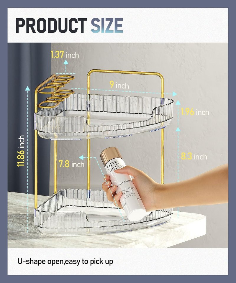 Acrylic 2-Tier Corner Bathroom Organizer - Makeup & Skincare Storage with Brush Holder | Clear