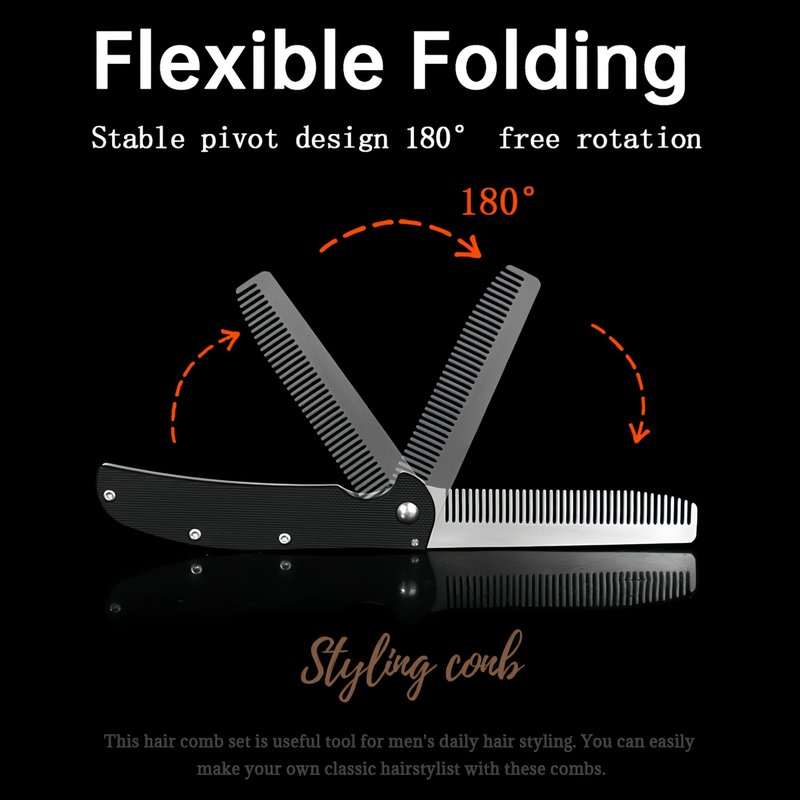 Folding Pocket Comb for Men - Stainless Steel Travel Hair & Beard Styling Tool, Compact 180° Rotating Design, Smooth Rounded Teeth, Portable Grooming Comb
